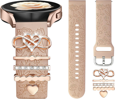 DaQin Flower Engraved Band for Samsung Galaxy Watch 7/FE 6 5 4 40mm 44mm, Active 2, 20mm Soft Silicone Strap