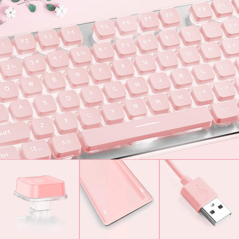 LANGTU Computer Keyboard, Backlit LED Pink Keyboard for Office, All-Metal Panel USB Wired Membrane Keyboard, 25 Keys