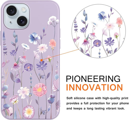 lioscre 2 Pack 15 6.1'', Cute Floral Phone Case for iPhone Flower Pattern Print Aesthetic Design Soft Pink Silicone