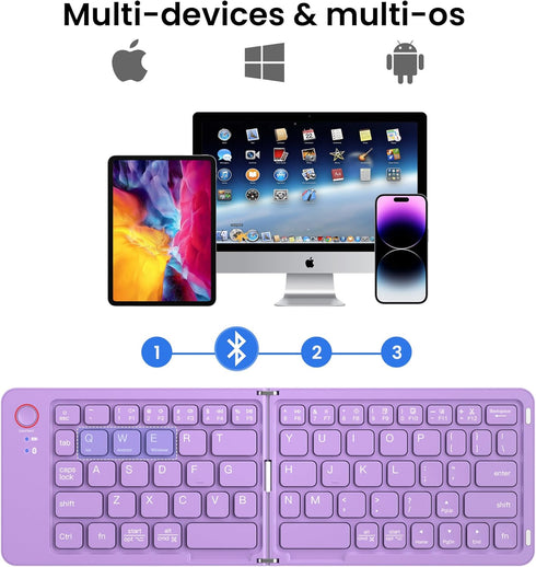 Mini Foldable Bluetooth Keyboard, Portable Wireless Full Size Keyboard for iPhone iPad Mac Android Windows (Purple)