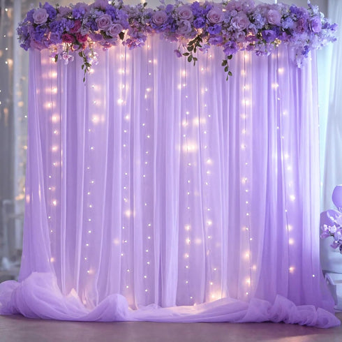 Suppromo 208ft Decorations(4 58ft) Lavender Tulle Backdrop Curtain with Lights String for Wedding Baby Shower Lavender