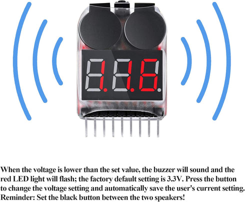 10 Pieces 2-in-1 Lipo Battery Voltage Tester Low Voltage Buzzer Alarm for 1-8s Battery Capacity Monitor