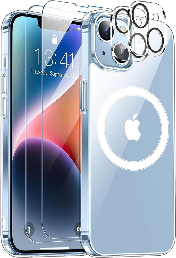 SPIDERCASE iPhone 14/15 Case - Slim, Clear, 15 FT Military Grade Drop Protection + 2 Pack Tempered Glass & Camera Lens