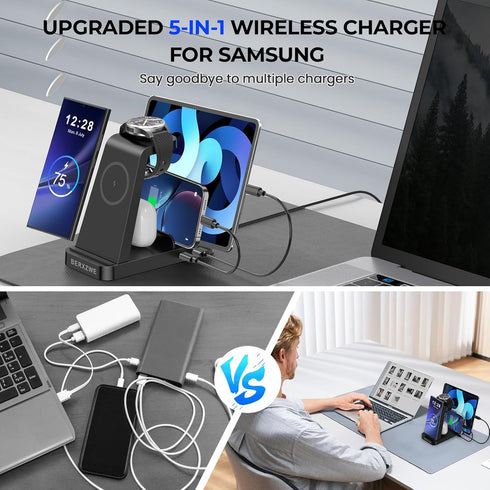 Wireless Charging Station for Samsung, 5 in 1 Wireless Charger Stand Dock for Multiple Devices, Fast Charging for Galaxy