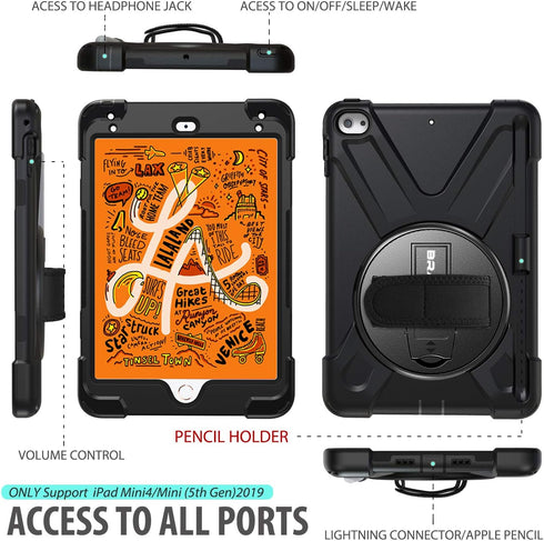 BRAECN iPad Mini 5/4 Case, Heavy Duty Shockproof Protective Rugged Case with Pencil Holder, Hand Strap, Kickstand, for