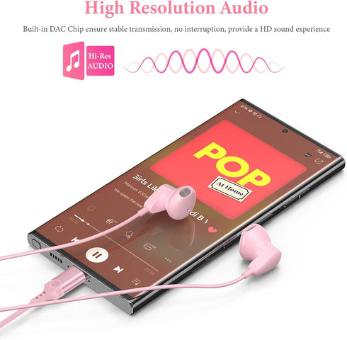 USB C Headphones for iPad Pro iPhone 15 15 Pro Max,HiFi Stereo USB Type C Earphones USB C Wired Earbuds with Mic Volume Control for Samsung S24 S23 Ultra S22 S21 FE A54 A53 Flip5,OnePlus,Huawei - Pink