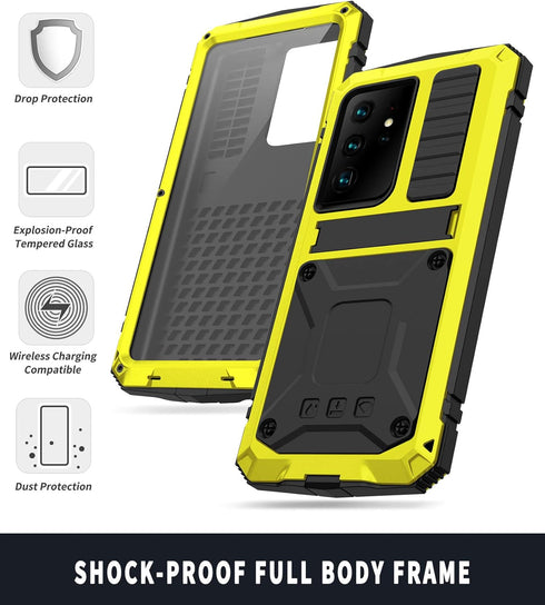 Galaxy S22 Ultra Rugged Case, Metal Bumper with Built-in Screen Protector & Stand, Waterproof Heavy Duty Cover (Yellow)