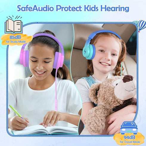 Kids Headphones Wired Over Ear with Microphone, 85/94dB Volume Limiter for Girls Boys, Foldable for Learning
