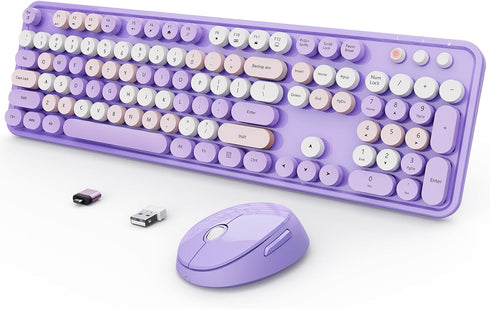Wireless Keyboard and Mouse Combo, Ergonomic Full Size Typewriter Retro Round Keycaps, Compatible with Windows (Purple)