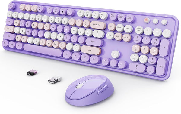 Wireless Keyboard and Mouse Combo, Ergonomic Full Size Typewriter Retro Round Keycaps, Compatible with Windows (Purple)