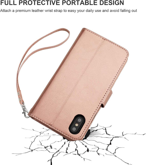 Bocasal Wallet Case for iPhone Xs Max, PU Leather Magnetic Detachable Kickstand Shockproof Cover with Wrist Strap