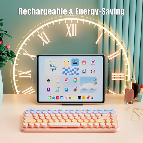 Typewriter Keyboard Wireless, 2.4GHz/Bluetooth/USB-C Rechargeable, Compact 85-Key Retro Round Keycaps, Sweet Pink