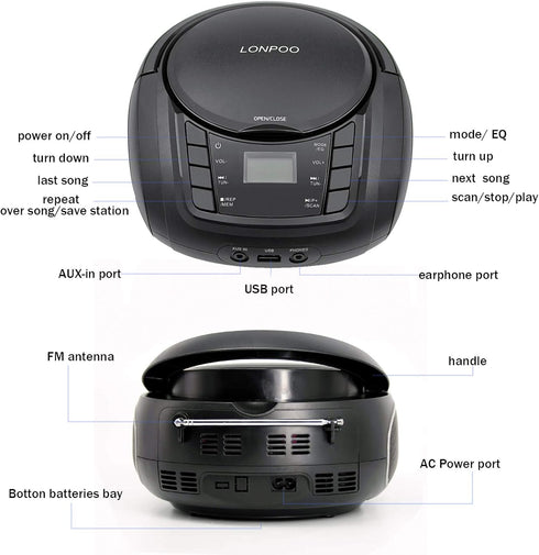 LONPOO Portable Boombox CD Player with FM Radio, USB, Bluetooth, AUX Input, Stereo Sound Speaker, Black