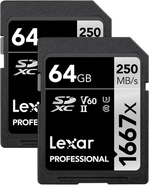 Lexar 64GB Professional 1667x SDXC Memory Cards (2-Pack), UHS-II, C10, U3, V60, Up to 250MB/s Read for Video