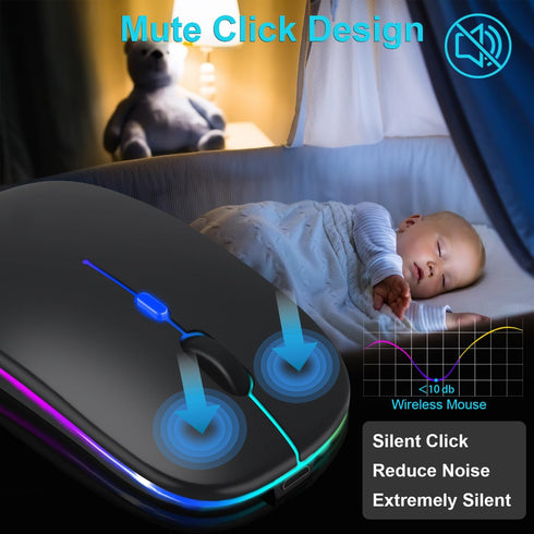 Wireless Bluetooth Mouse for iPad/MacBook Pro/Air/Laptop/pc Rechargeable Silent Mouse Portable Slim for Surface Pro/Lenovo/Samsung Tablet (LED/Black)