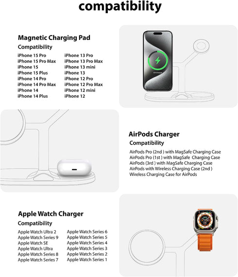 3-in-1 Wireless Charging Station for Apple Devices, Fast Charging Station for iPhone and Watch with MagSafe, Stable
