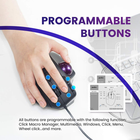 Perixx PERIMICE-520 Wired USB Ergonomic Programmable Trackball Mouse, Adjustable Angle, 8 Button Design, Black