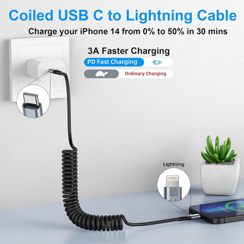 KIYODA USB Type C to Lightning Cable 3FT 2Pack, Coiled iPhone Charger Fast Charging for Car Short USBC iPhone Cord for iPhone14/13/12/11 Pro Max/iPad/CarPlay