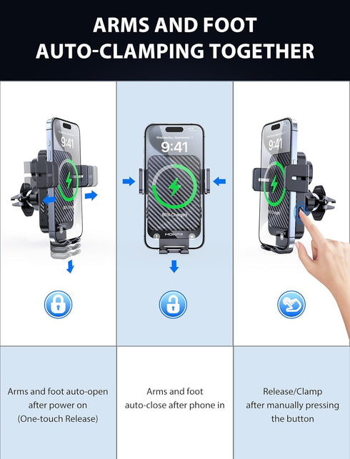 Wireless Car Charger, MOKPR 15W Fast Charging Auto-Clamping Phone Mount, Compatible with iPhone 15/14/13/12/11/X/8