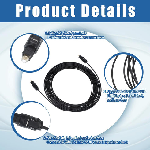 Gtziqa 10 10ft 3meter Optical Audio Cable Feet, / Optical Cable for Soundbar Ultra Thin Cord Fiber Optic Cord