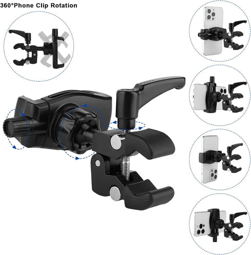 Phone Holder for Golf Cart/Microphone Stand, Fit for 3.5~7.5 inch Smartphones, 360° Adjustable Clip Mount