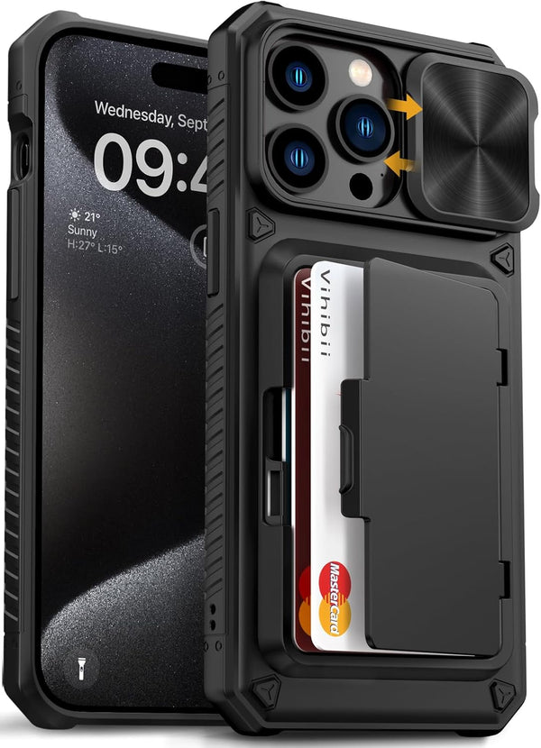 Vihibii Wallet Case for iPhone 15 Pro Max, Black with Card Holder (4 Cards), Slide Camera Cover & Kickstand, Military