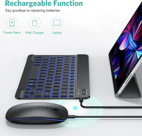 TECURS Bluetooth Keyboard & Mouse Combo for iPad, 7-Color Backlit, Rechargeable, Compatible with iPad 10th/9th/8th Gen,