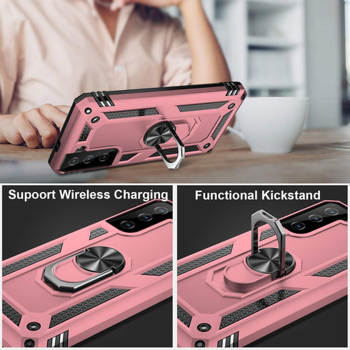 IKAZZ Rose Gold Case for Galaxy S21 Plus, Military Grade Shockproof Heavy Duty Phone Cover with Magnetic Kickstand