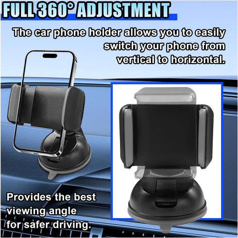 DUSCOKE 360 Car Cell Phone Holder, Adjustable Auto Phone Mount with Strong Suction Cup, Dashboard Navigation Stand