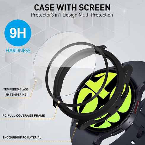 Suoman 2-Pack Waterproof Case for Samsung Galaxy Watch 6 44mm, Hard PC Bumper with Tempered Glass Protector