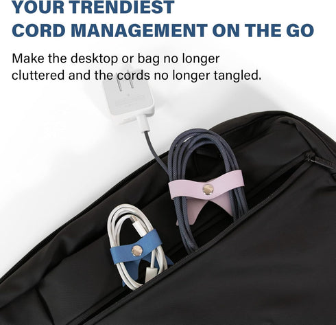 SenseAGE 5 Pack Cord Organizer, Bow Cord Keeper, Leather Cable Management, Storage Straps for Electronics, Random Blue