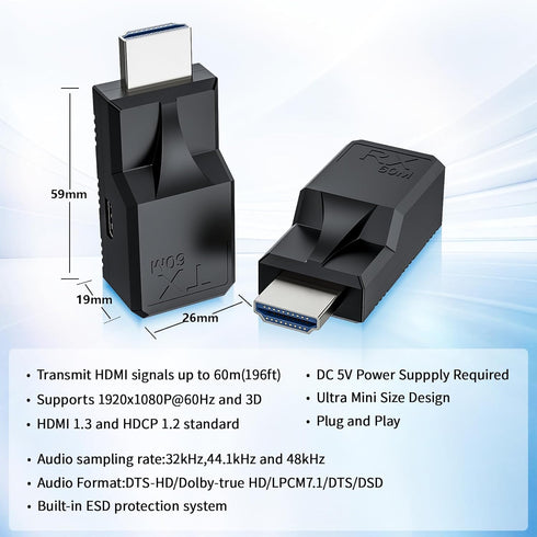 LUKFOCAB 196FT Cat5e/6 1080P@60Hz, RJ45 60M PS3/4, HDMI Extender Over Single Ethernet Cable, Support Audio Video UHD
