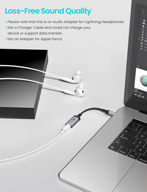 USB C to Lightning Audio Adapter for Apple iPad Pro 10, iPhone 16 15 Pro Max, MFi Certified Converter Grey