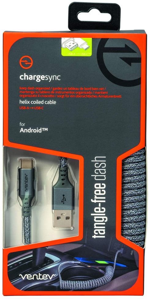 Ventev Chargesync Helix Cable 14" - Expandable USB A to USB C, Cloth Covered Braided Cable, Fast Charging