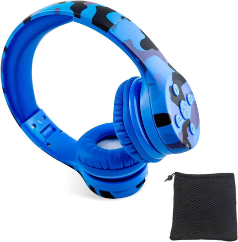 Toddler Wireless Headphones, Kids Camo Bluetooth Headphones, 15 Hours Playtime, Foldable with Built-in Mic, Blue Camo