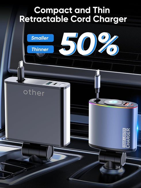 Topume 60W Fast Charging Retractable Car Charger, 2.9FT Cable for iPhone with Colorful Ambient Lighting, Galaxy