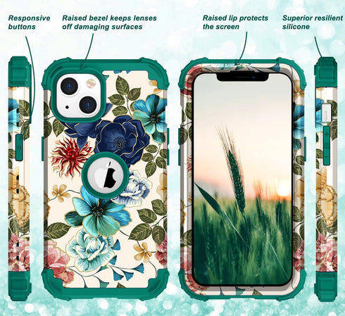 Hocase iPhone 14/13 Case - Heavy Duty Shockproof Protection, Soft Silicone & Hard Plastic Bumpers, Teal Flowers (6.1")