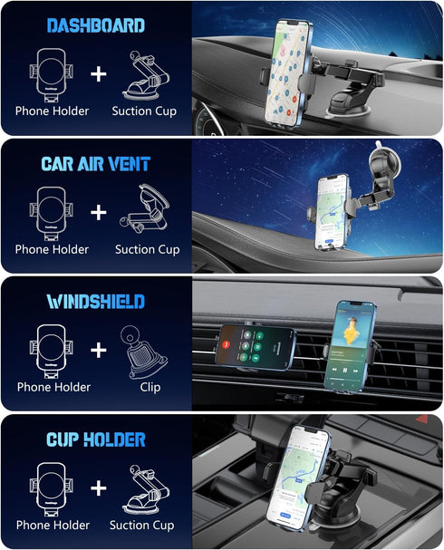 Wireless Car Charger 3 in 1 Phone Mount, Fast Charging Auto Clamping, Compatible with iPhone 15 14 13 12 11, Samsung