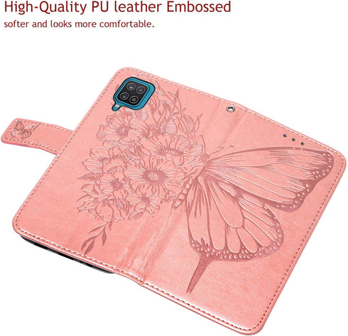 Flip Cover Phone Case for Galaxy A12, Rose Gold | Wallet, Butterfly Floral Embossed, Wrist Strap, Card Holder Slots,
