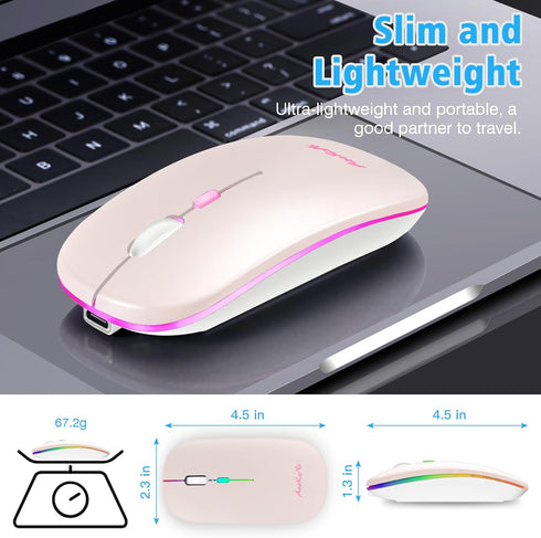 Wireless Bluetooth Mouse - Rechargeable USB Optical Mouse, LED Slim Dual Mode for Laptop, PC, Mac OS, Android (Pink)