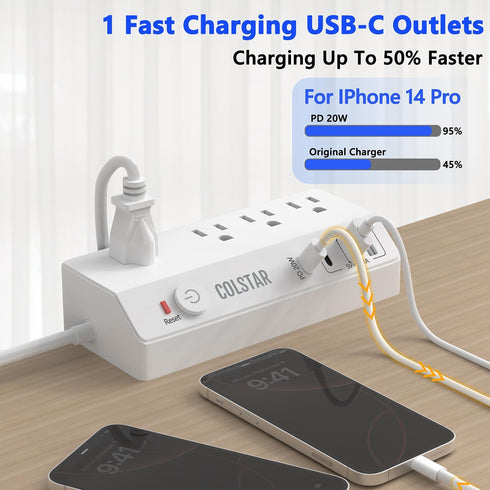 colstar 20W 10FT Desk Clamp Power Strip with USB, USB C Fast Charging, Clamps Securely to Desk Edge, Flat Plug