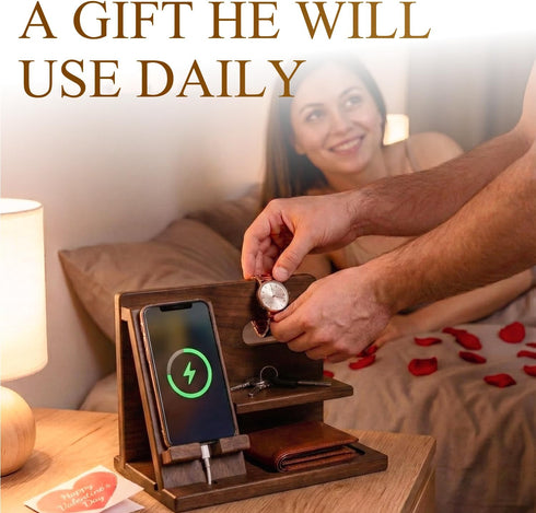 TESLYAR Wood Phone Docking Station for Men - Desktop or Nightstand Organizer - Birthday Gifts for Men, Dad