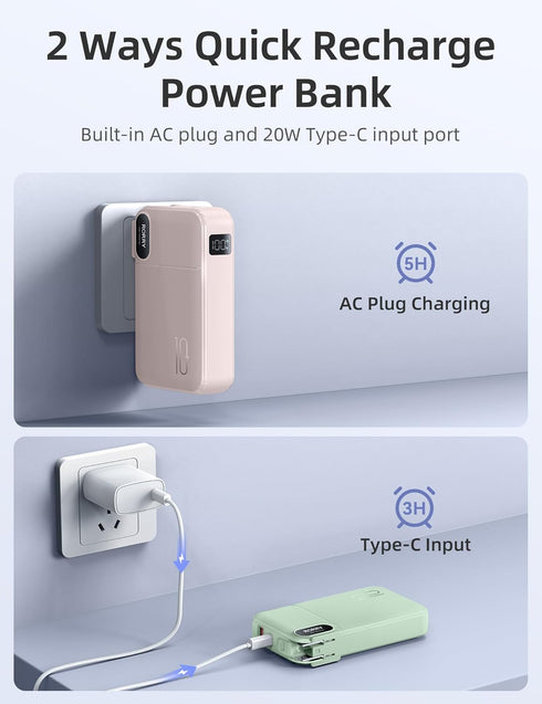 RORRY 10000mAh Pack 22.5W 17/16/15 S25/S24/S23 Portable Charger Built in Cables, AC Wall Plug in Portable Charger Power