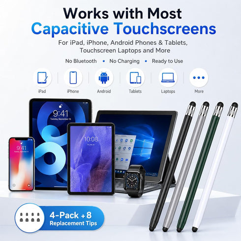 HATOKU 4 Packs Stylus Pen for iPad & Touchscreen Devices, Dual Tip Rubber Styluses, No Bluetooth/No Charging, High