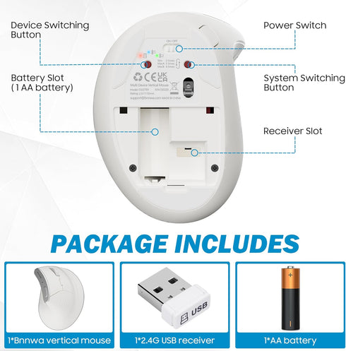 Wireless Vertical Ergonomic Mouse, Multi-Device with Bluetooth + 2.4G Connection, 4 Adjustable DPI for PC, Laptop,
