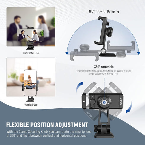 NEEWER Metal Phone Tripod Mount Adapter with Arca QR Base, Cold Shoe, 360° Swivel, Compatible with iPhone 15 Pro