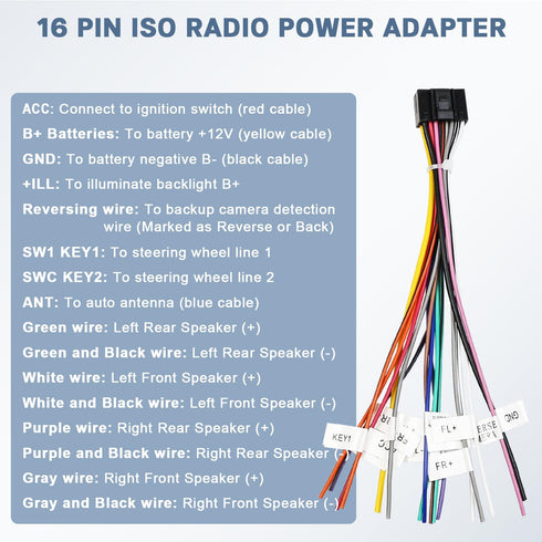 16 10/20 4/6 Android Radio Wiring Harness Kit with Pin ISO Car Radio Wire Harness, Pin RCA Back Camera Adapter, Pin USB