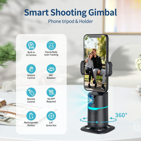 TOALLIN 360 Auto Face Tracking Phone Holder Tripod, Smart Shooting Gimbal with Remote, Rotation Phone Camera Stand