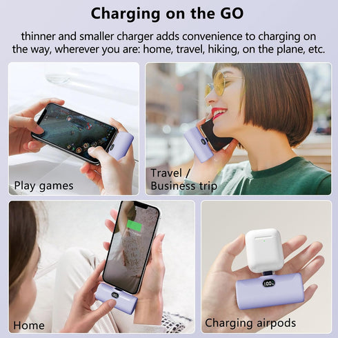 Mini Portable Charger for iPhone, 5000mAh Ultra Compact Power Bank with Built-in Phone Holder, Compatible with 14/13/12