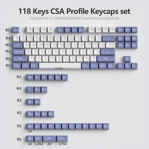 Fogruaden Purple White Keycaps Set, Double Shot 118 Keys CSA Profile Custom Keycaps for Cherry Gateron MX Switches